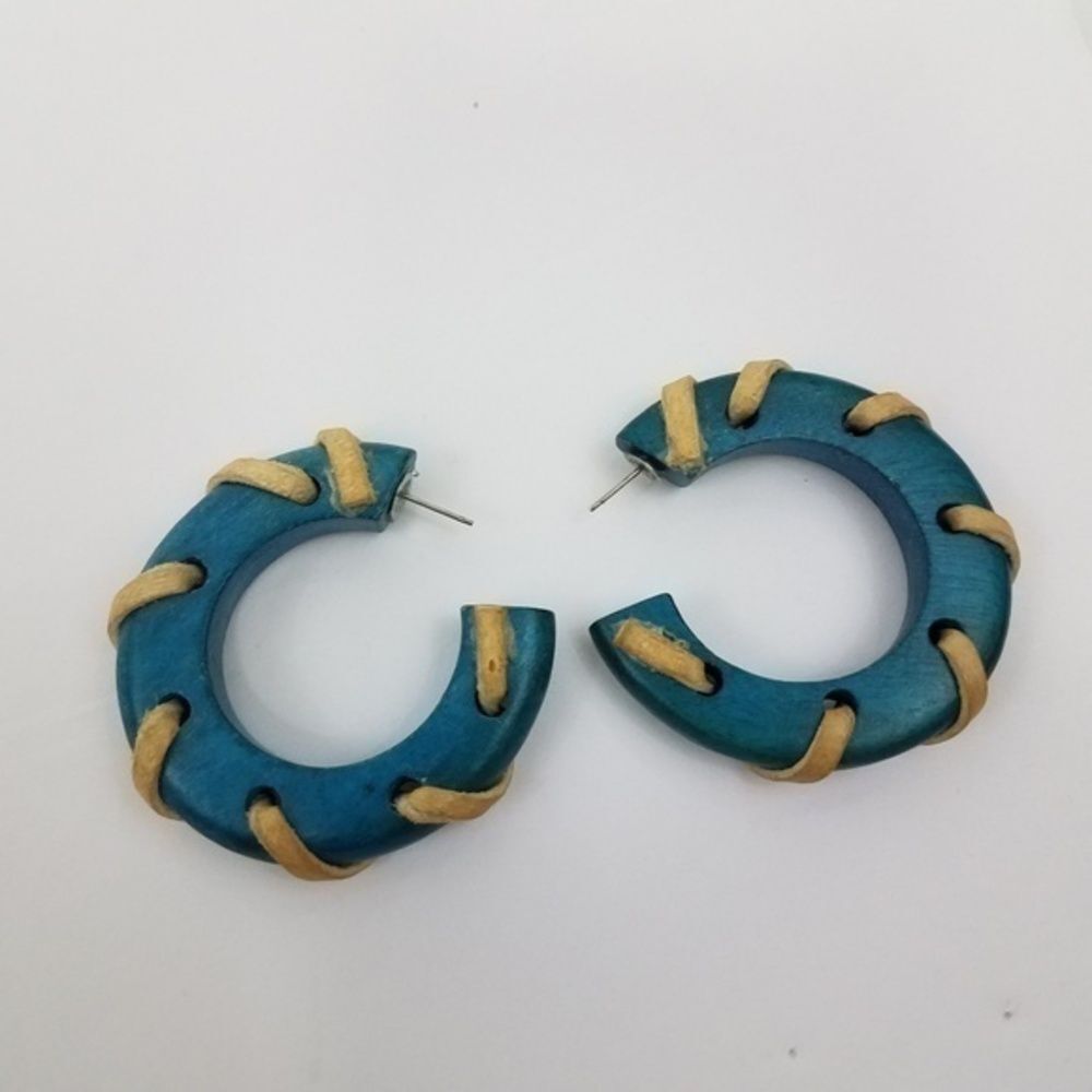 Wood Earrings Leather Suede Blue‎ Tan Hood Wrap
